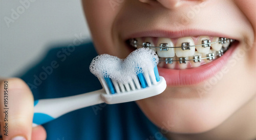 Teen boy brushing teeth with orthodontic toothbrush and braces  
