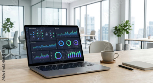 Business data analytics on laptop in modern office
