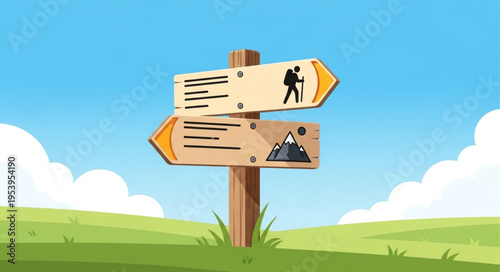 Hiking Trail Signpost with Mountain and Hiker Symbol Illustration.