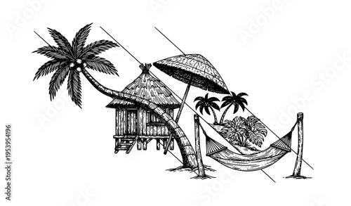 Vintage tropical landscape vector set with palm tree hut umbrella and hammock detailed black and white illustration