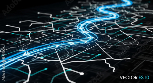 Foto Futuristic Network - Glowing Blue Stream on Circuit Board.