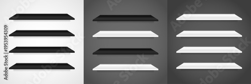 Vector set of black and white wall shelves. Shelves for art design.