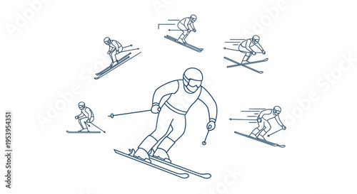 Skier in multiple motion poses skiing.