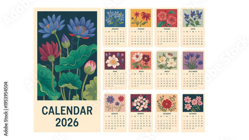 Vintage 2026 floral calendar design with botanical lotus hibiscus magnolia sunflower cherry blossom in retro mid century style