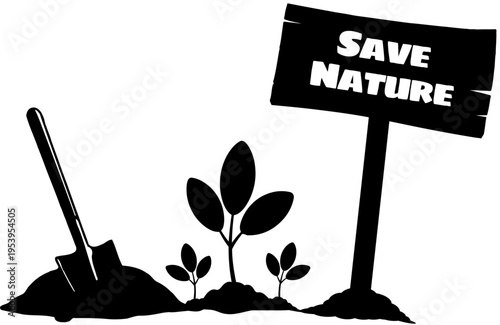 A clean, flat vector illustration showing an act of environmental conservation in a lush outdoor garden. A garden shovel is driven into the soil next to three newly planted young saplings (seedlings).