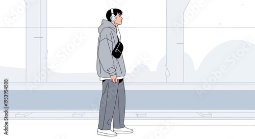 Young man in headphones and hoodie, urban street style, listening to music