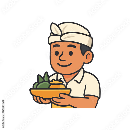 Balinese man holding traditional food offering. Indonesian man wearing white udeng and shirt presenting offering with calm smile.