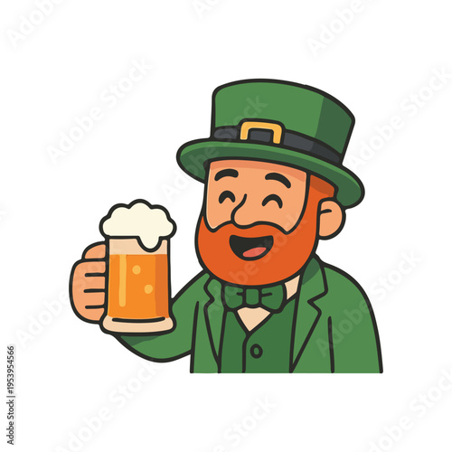 Irish leprechaun drinking beer. Cartoon leprechaun character in green hat and suit smiling and holding a beer mug