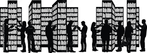 People reading books in library bookshelf aisles silhouette students researching knowledge education learning academic study quiet literature environment concept