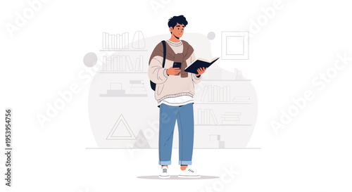 Young man reading book and holding smartphone, studying or working concept