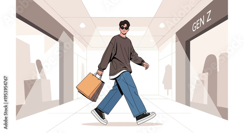Young Man Shopping in Modern Mall, Gen Z Fashion, Consumerism