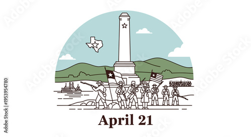Elegant line art illustration of San Jacinto Monument and soldiers isolated on transparent background