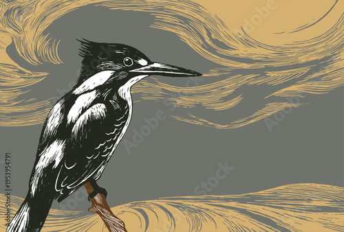 Hand-drawn kingfisher bird in a high-contrast woodcut style. Features a black and white avian silhouette on a branch with swirling, textured tan and gray background line-art.
