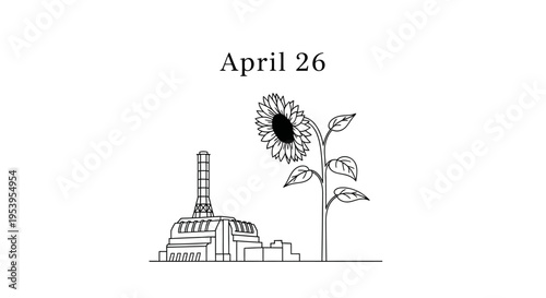 Chernobyl nuclear power plant and a sunflower with date April 26, line art illustration, isolated on transparent background