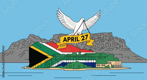 South African Flag and Table Mountain with Dove carrying April 27th banner, isolated on transparent background