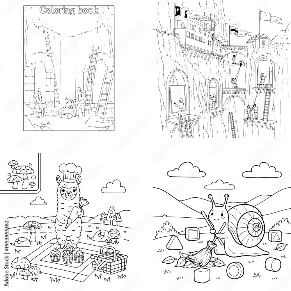 Obraz premium Cartoon geometric shapes and creatures coloring book page collection for kids with line art