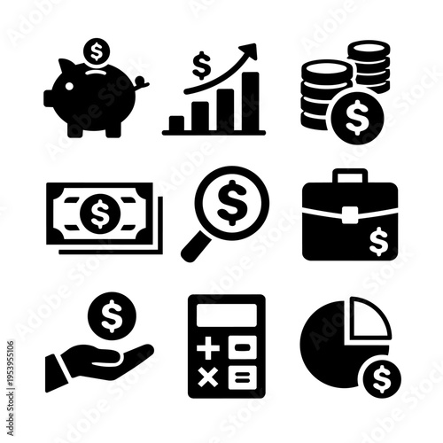 Collection of financial and business icons with dollar signs and money symbols