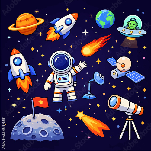 Cute cartoon astronaut exploring the galaxy with planets, rockets, and aliens