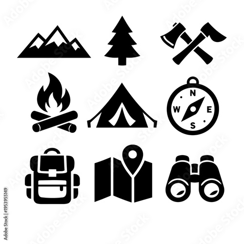 Set of black camping and adventure icons on a white background