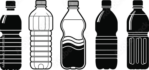 Plastic water bottle silhouettes set isolated vector collection of beverage containers for drink packaging recycling hydration product design illustration