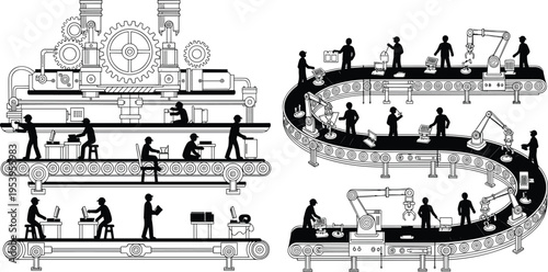 Black and white vector illustration of factory workers and robotic arms on conveyor belt assembly line for industrial automation and smart manufacturing technology concepts