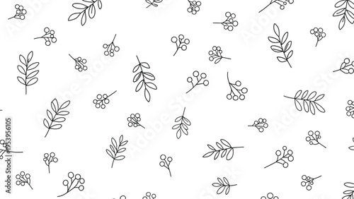 Seamless botanical line art pattern featuring various types of simple leaves and berry sprigs in black on a white background.
