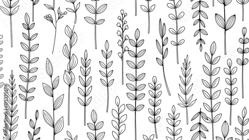 Intricate seamless botanical pattern featuring many different tall plant stems and leaves in fine black line art style.