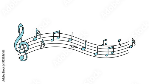 Musical illustration featuring a blue treble clef and various notes on a wavy five-line staff over a white background.