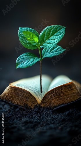 Young plant growing from an open book in dark soil close-up seedling sprout photo