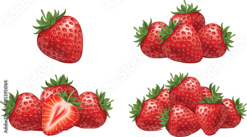 Fresh strawberry collection with whole strawberries and sliced berry illustration showing juicy red fruit isolated for healthy food, dessert, organic farming and summer themes
