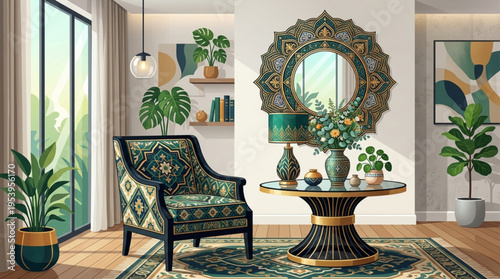 Cozy living room interior with green armchair ornate mirror and plants on wooden floor natural light pouring in through sliding glass door warm and inviting home decor