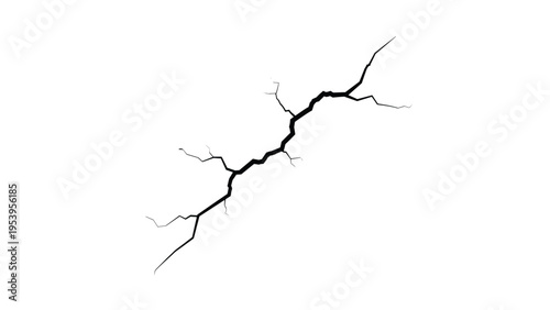 Minimalist black graphic illustration of a single jagged crack or lightning strike centered on a plain white background.