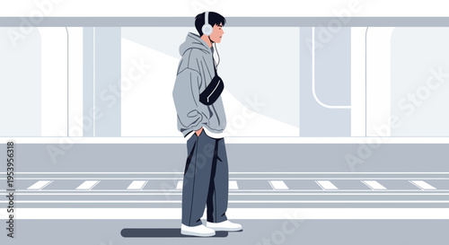 Young man with headphones and fanny pack waiting at train station platform