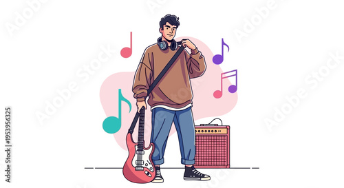 Young man with electric guitar and headphones, musical notes, modern illustration