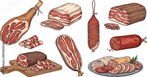 Charcuterie Meat Vector Illustration Showing Prosciutto Pancetta Salami and Gourmet Board