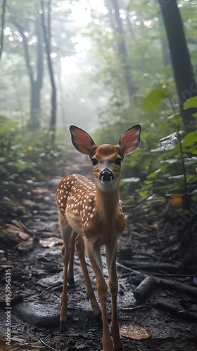 Young spotted fawn stands on a muddy forest path in misty light deer animal photo