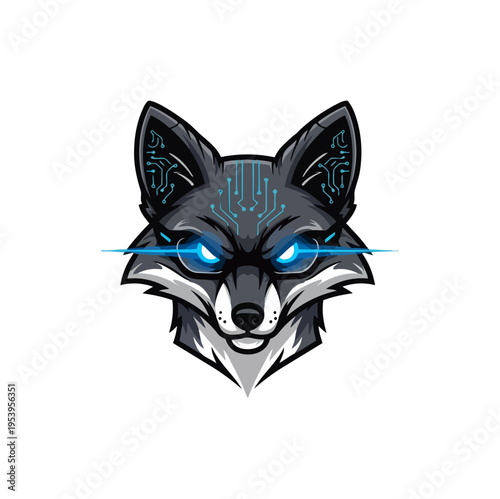 Stylized fox head with futuristic electronic design on black background