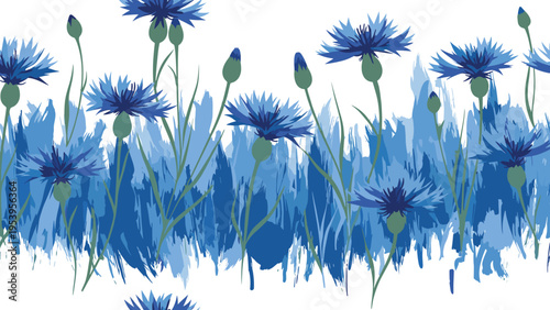 Seamless horizontal floral border design with bright blue cornflowers and green buds on a white background.
