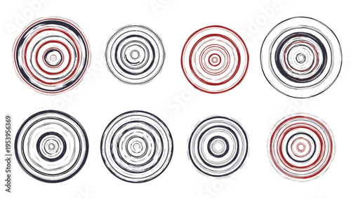 Set of eight concentric circle grunge textures in black, white, and red colors for vintage and distressed designs.