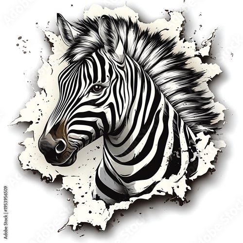 Zebra Head Emerging from Torn Paper Effect photo Black and White Art animal wildlife