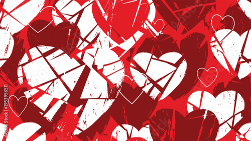 Artistic seamless pattern featuring fragmented and broken heart shapes in red and white with a heavy grunge and distressed texture.