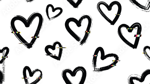 Modern seamless pattern of hand drawn black hearts with colorful glitch distortions for a unique contemporary graphic design.
