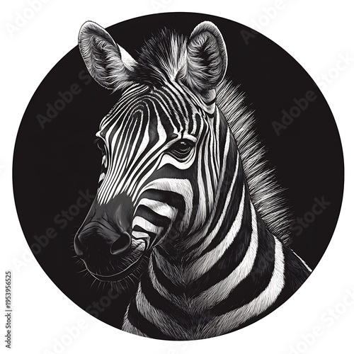 Zebra head portrait in a black circle with white background Keywords: zebra, animal, photo
