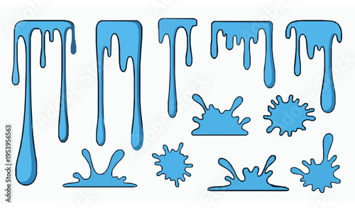Cartoon dripping water splash vector set with splatter and liquid drop shapes playful flat design isolated on white