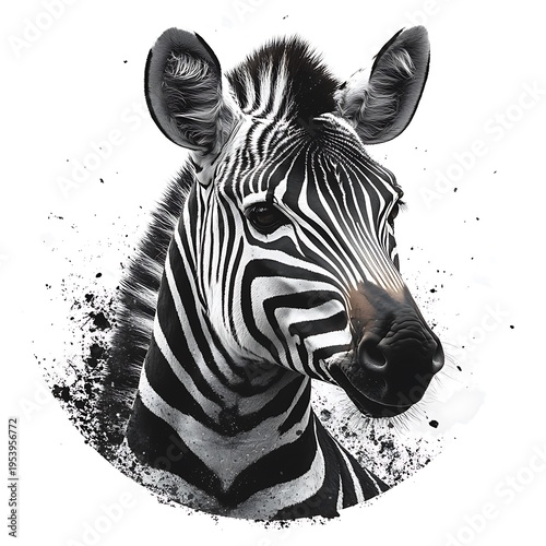 Zebra head with photo black ink splatters on white background Keywords: zebra, animal, wildlife