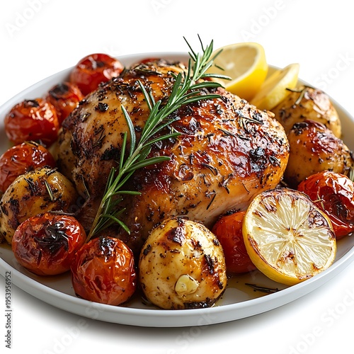 Whole Roasted Chicken with Cherry Tomatoes Potatoes and Lemon Slices whole chicken photo