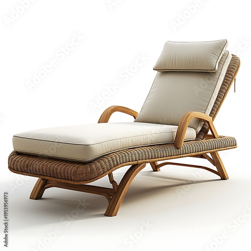 Wicker Chaise Lounge with Cream Cushions and Wooden Frame outdoor furniture rattan photo