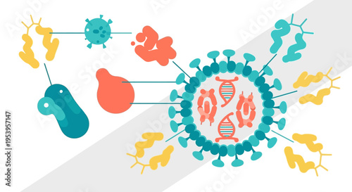 Illustration depicting the interaction between viruses, bacteria, antibodies, and immune cells, showcasing the body's defense mechanisms against pathogens.