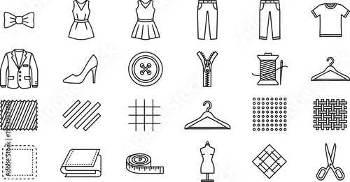 Collection of professional fashion industry line icons featuring apparel silhouettes, textile patterns, sewing tools, tailoring equipment, garment manufacturing symbols, and clothing design 