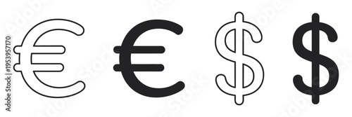 Dollar and euro currency icon vector, line and solid style, cash money concept, online payment banking symbol, wallet earnings icon, transparent background